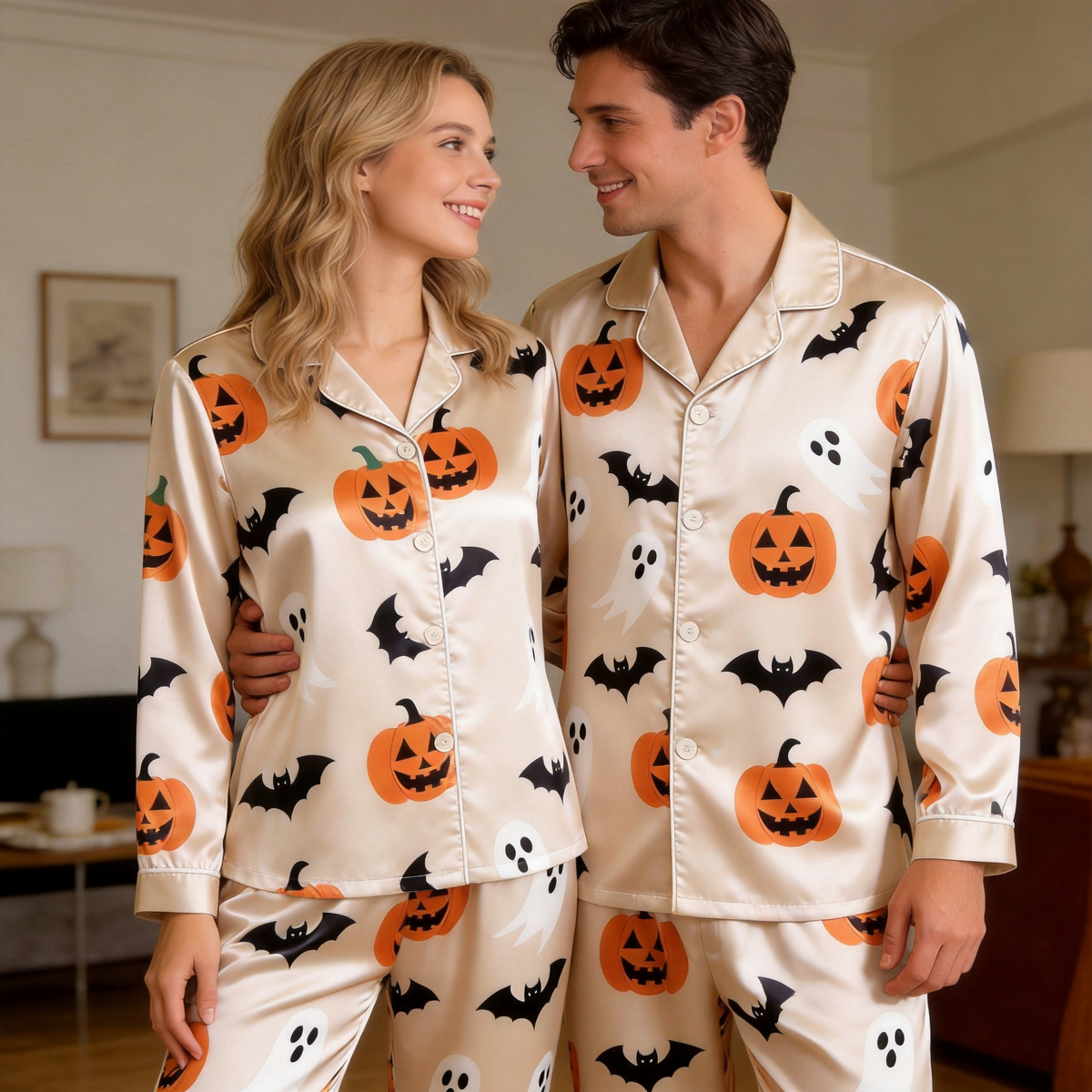 Halloween Pumpkin and Ghost Satin Matching Pajamas for Couples – Long Sleeve Button-Down Top & Pants Sleepwear Set