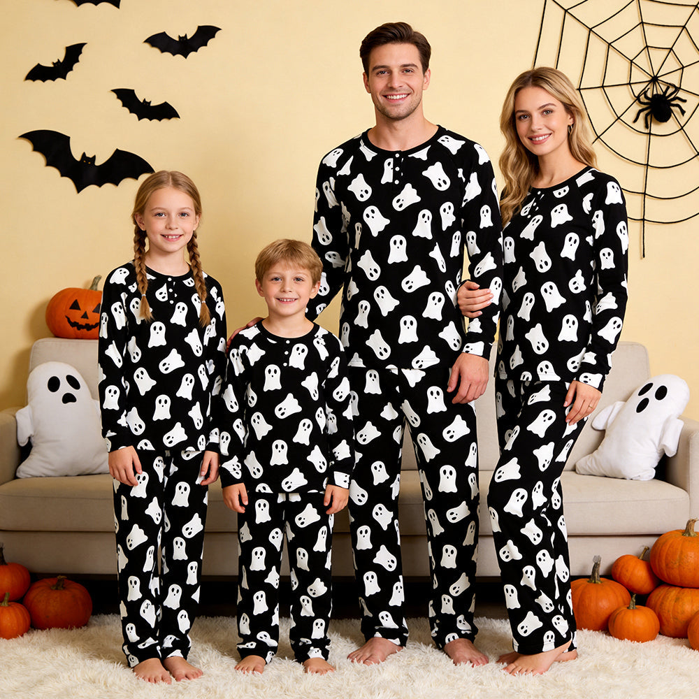 Spooky Halloween Ghost Print Matching Family Pajama Set, Long Sleeve Henley Cotton Loungewear