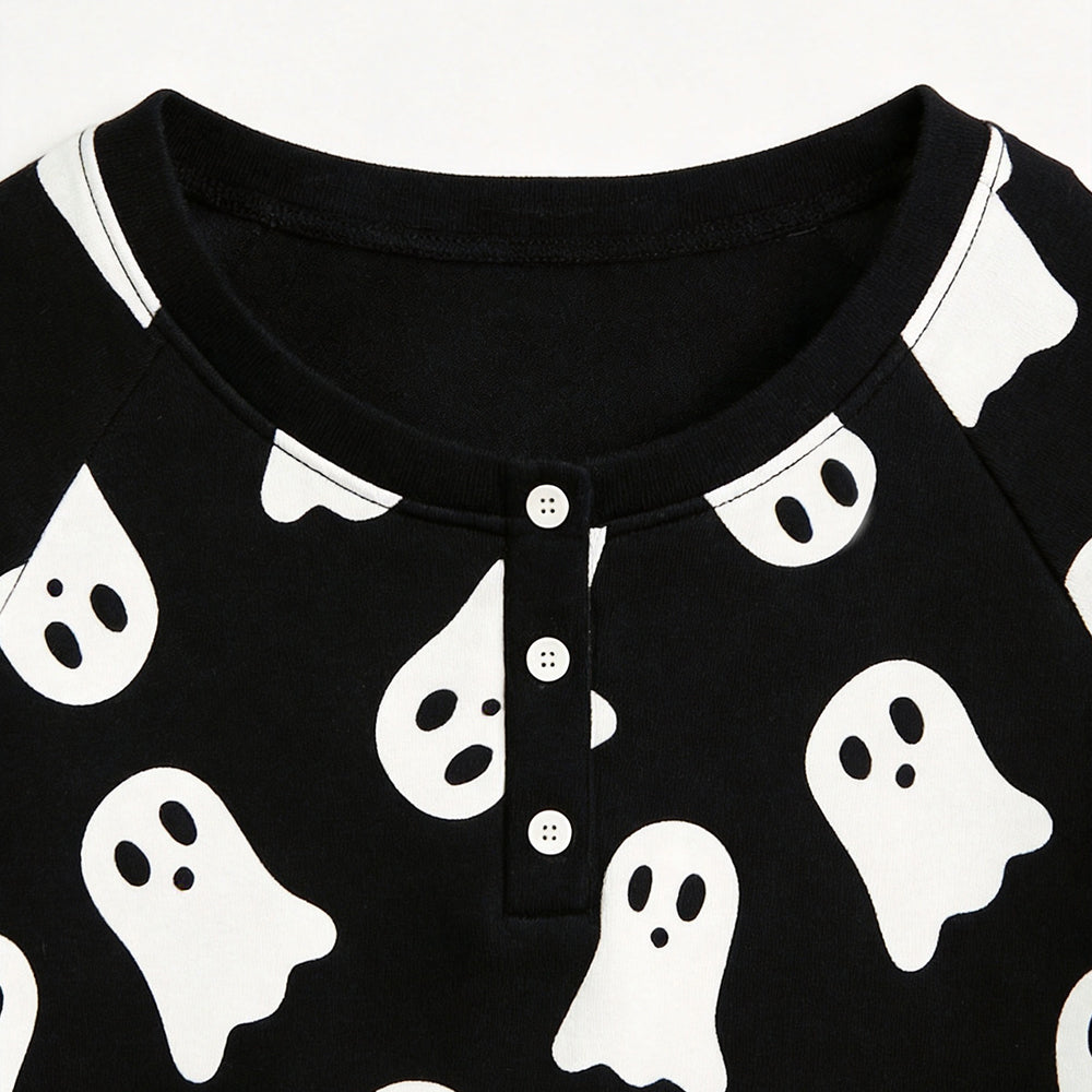 Spooky Halloween Ghost Print Matching Family Pajama Set, Long Sleeve Henley Cotton Loungewear