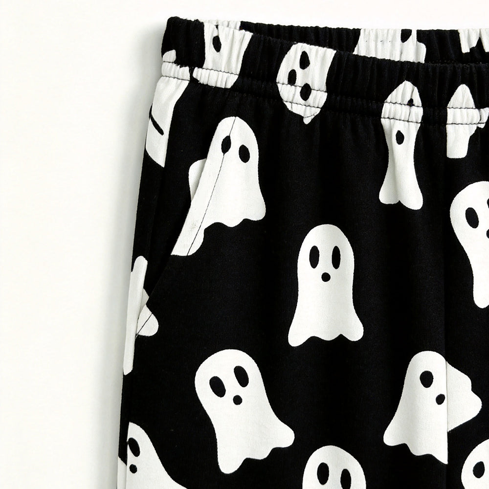 Spooky Halloween Ghost Print Matching Family Pajama Set, Long Sleeve Henley Cotton Loungewear