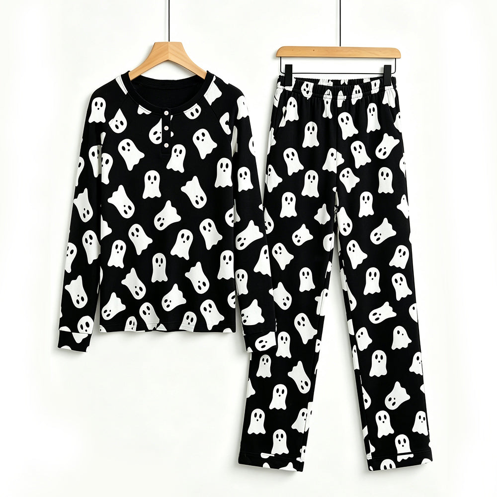 Spooky Halloween Ghost Print Matching Family Pajama Set, Long Sleeve Henley Cotton Loungewear
