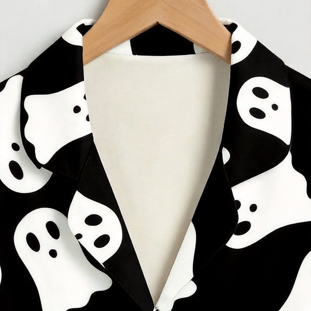 Classic Halloween White Ghost Print Matching Family Pajama Set, Button-Down Cotton Loungewear