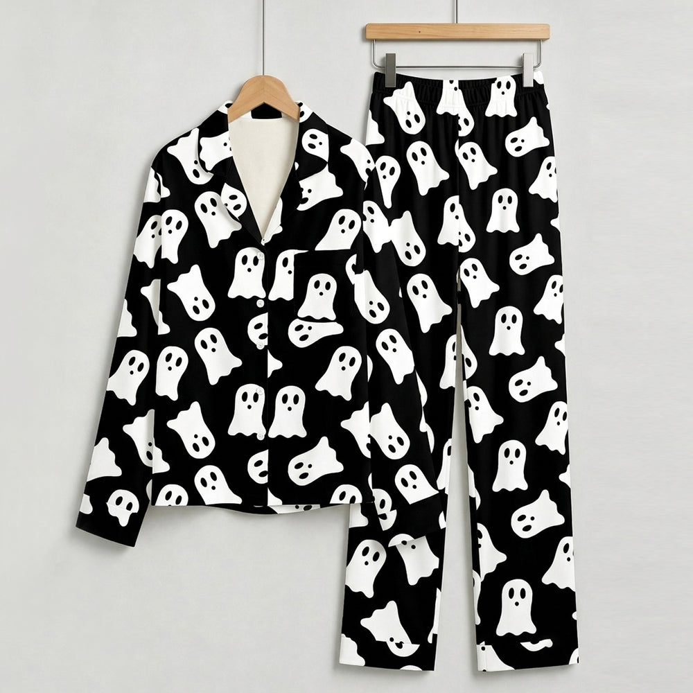 Classic Halloween White Ghost Print Matching Family Pajama Set, Button-Down Cotton Loungewear