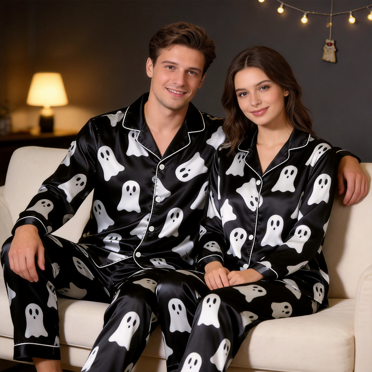 Ghost Pattern Satin Matching Pajamas for Couples – Long Sleeve Button-Down Top & Pants Sleepwear Set