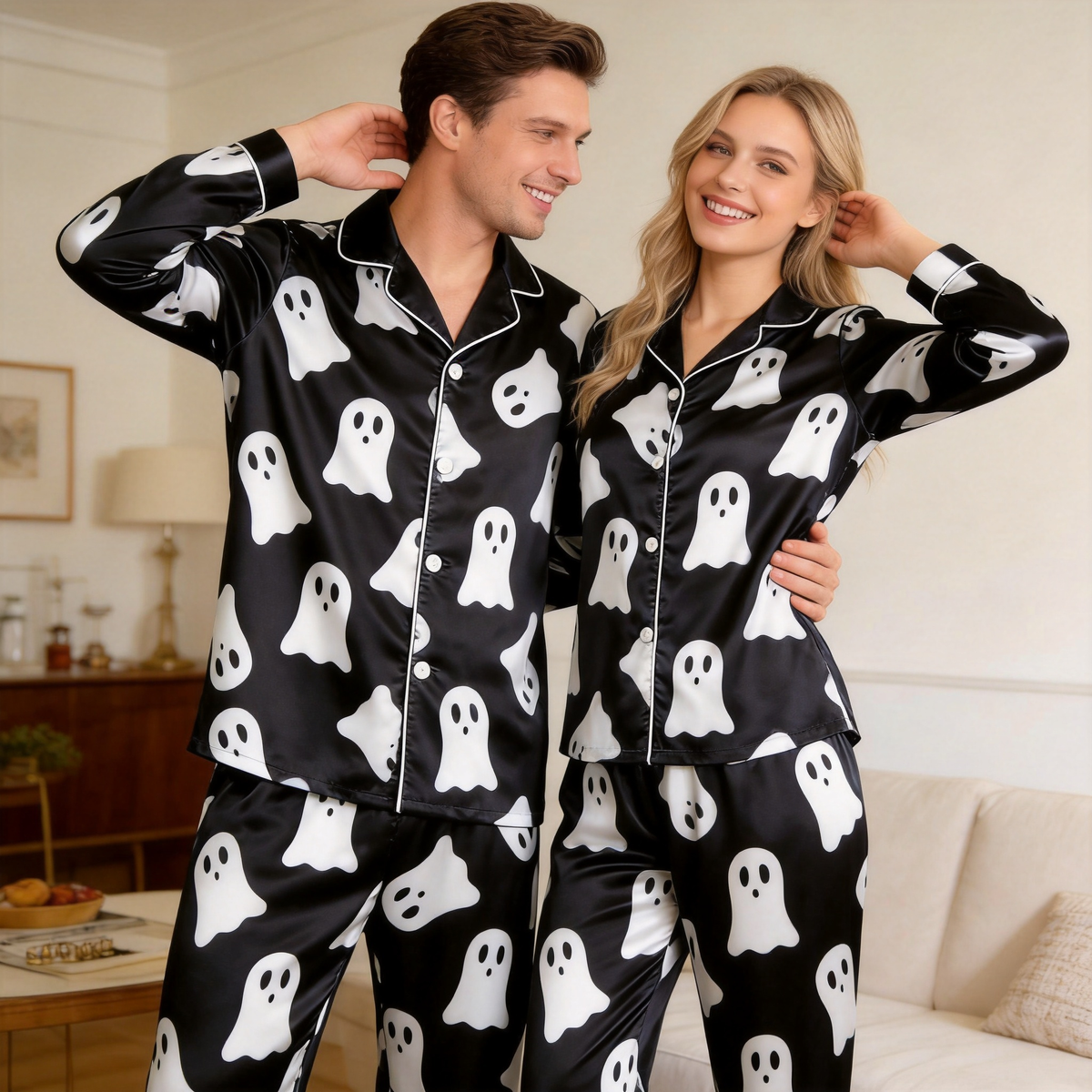 Ghost Pattern Satin Matching Pajamas for Couples – Long Sleeve Button-Down Top & Pants Sleepwear Set