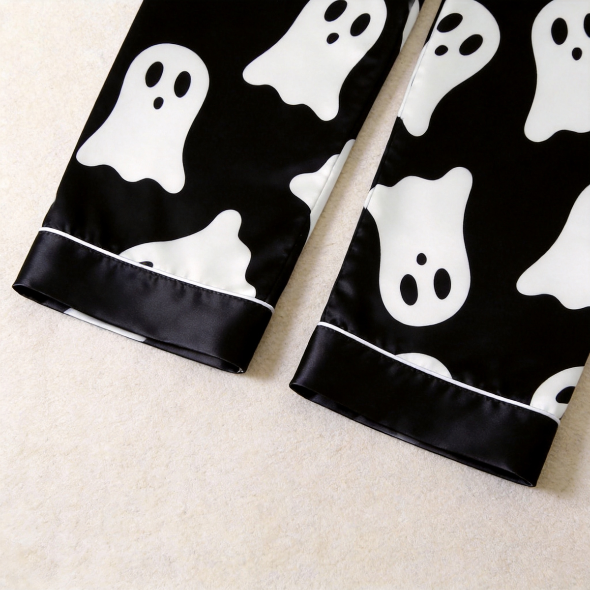 Ghost Pattern Satin Matching Pajamas for Couples – Long Sleeve Button-Down Top & Pants Sleepwear Set