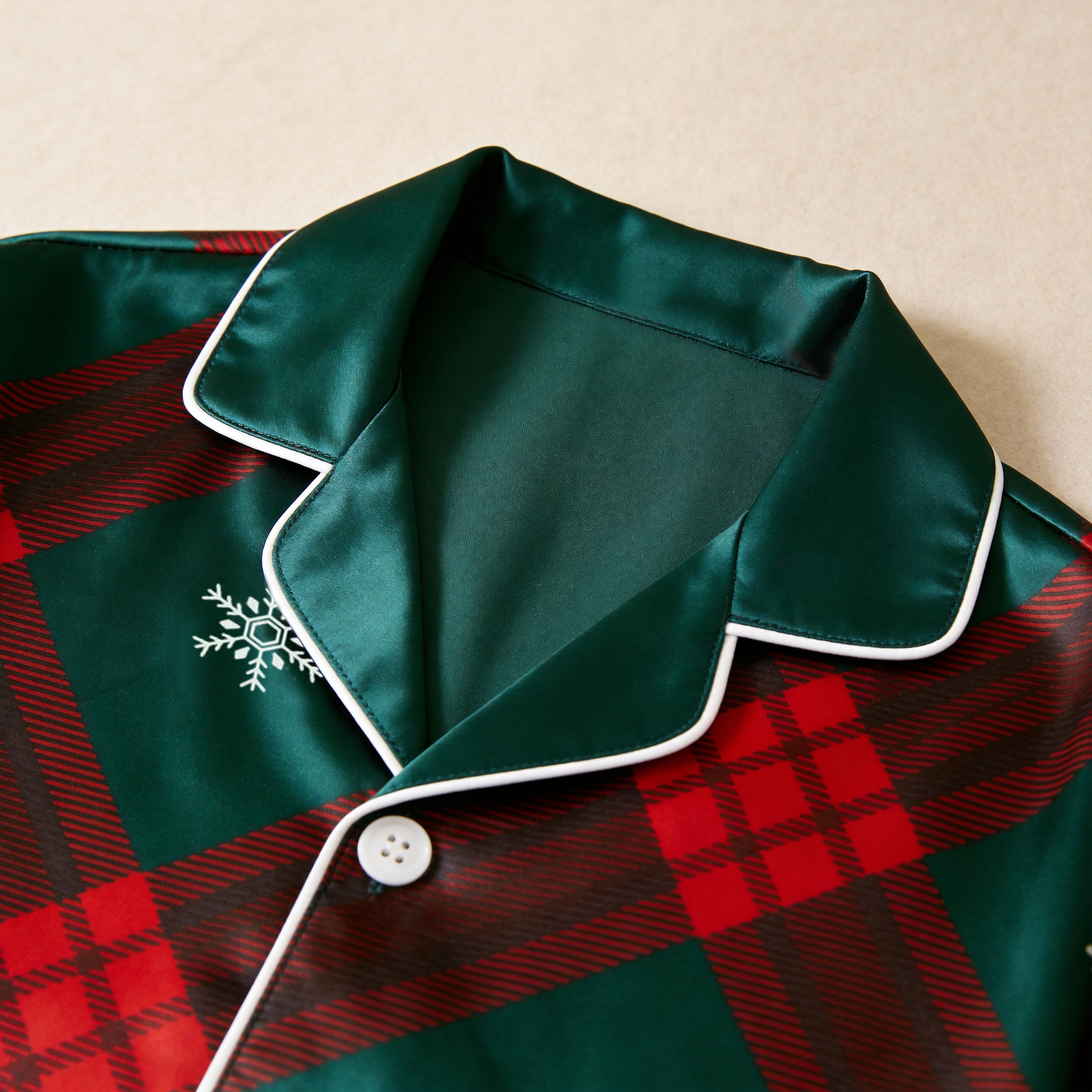 Festive Plaid & Snowflake Satin Button-Up Family Christmas Pajamas Set