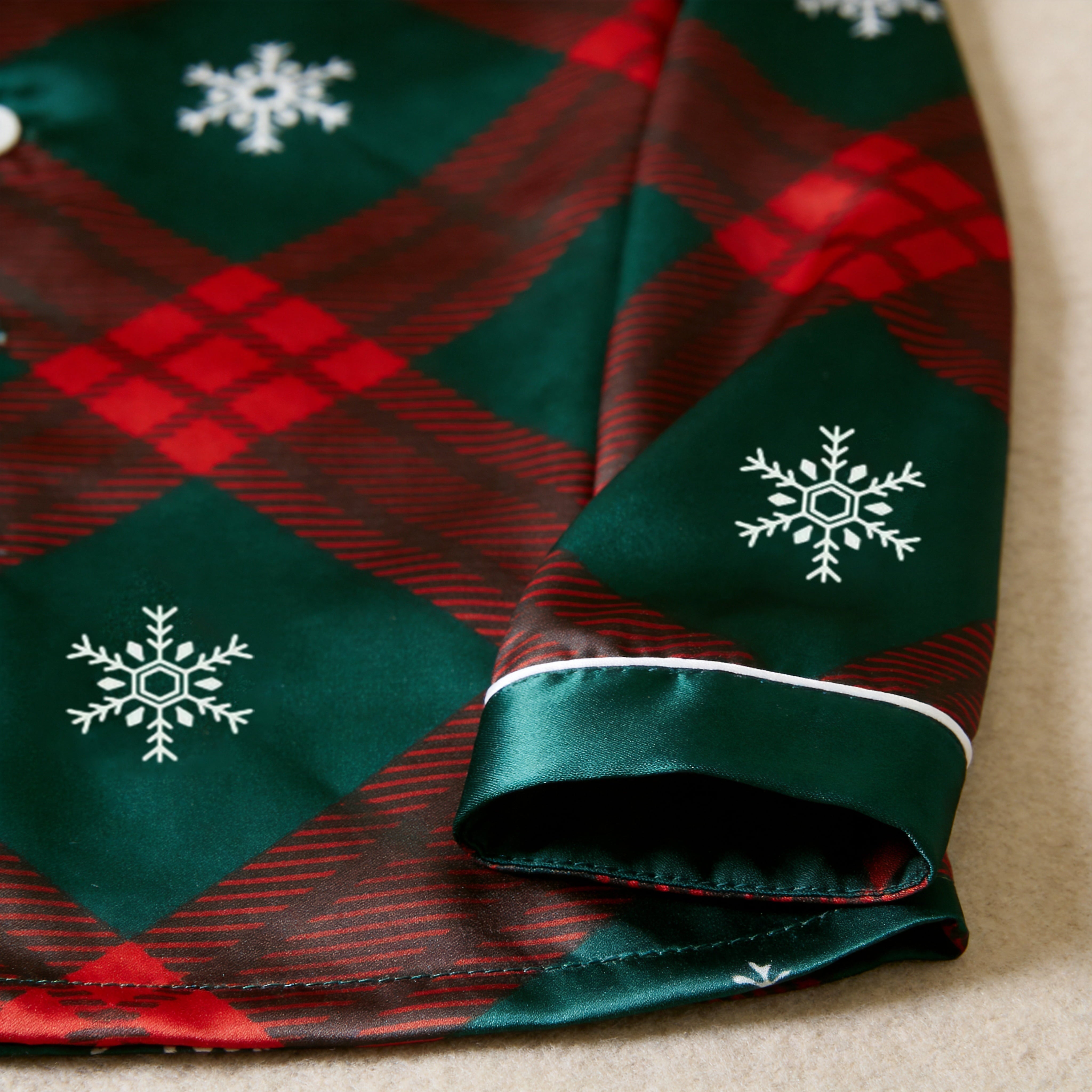 Festive Plaid & Snowflake Satin Button-Up Family Christmas Pajamas Set