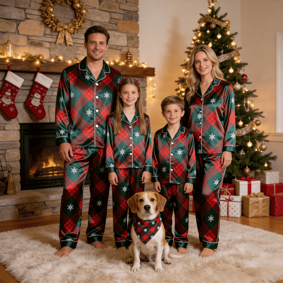 Festive Plaid & Snowflake Satin Button-Up Family Christmas Pajamas Set