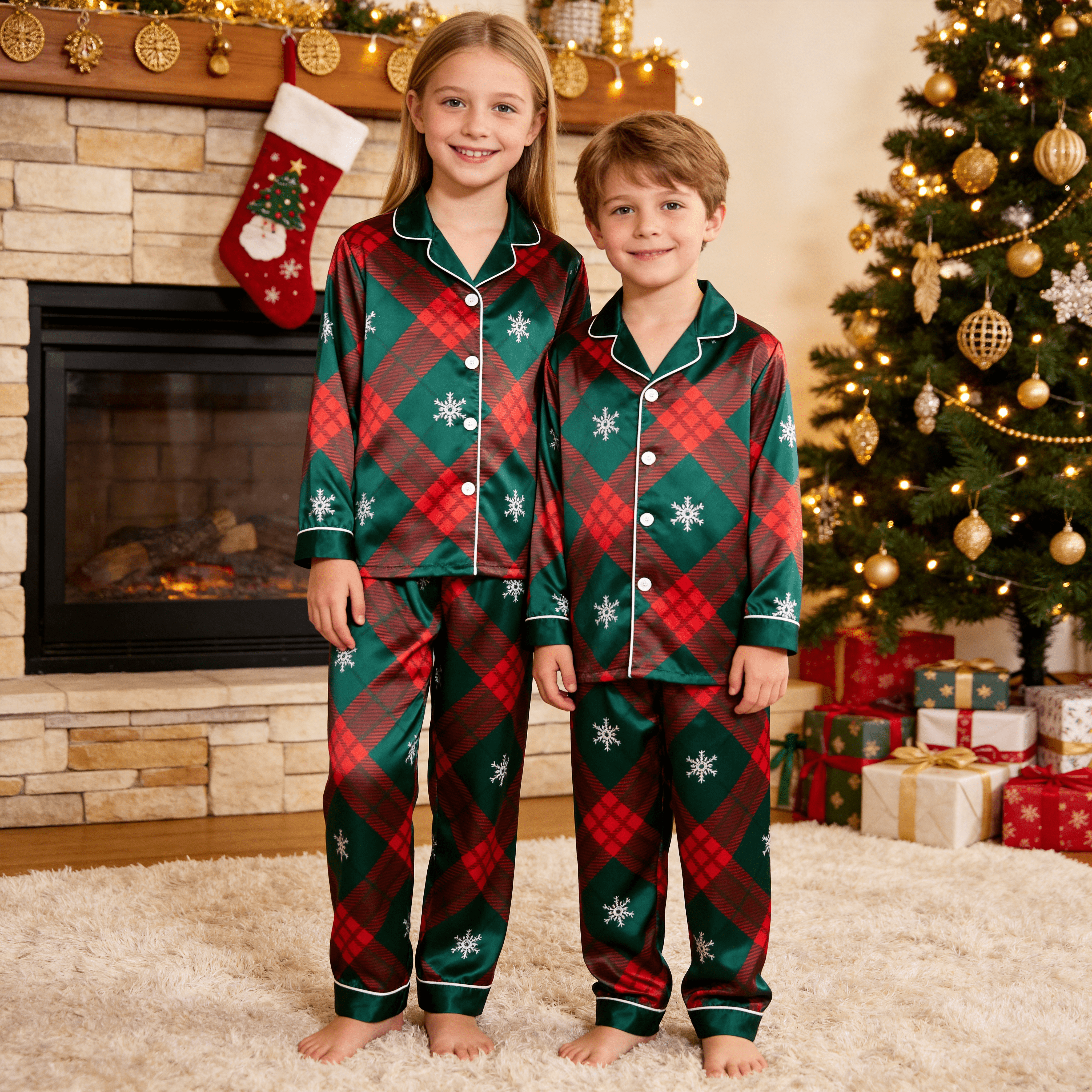 Festive Plaid & Snowflake Satin Button-Up Family Christmas Pajamas Set