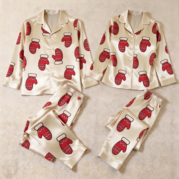 Festive Mitten Print Satin Matching Pajamas for Couples – Long Sleeve Button-Down Top & Pants Sleepwear Set