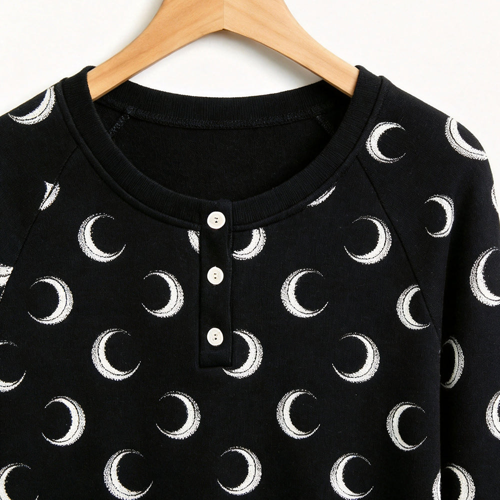 Mystical Halloween White Crescent Moon Print Matching Family Pajama Set, Long Sleeve Henley Cotton Loungewear