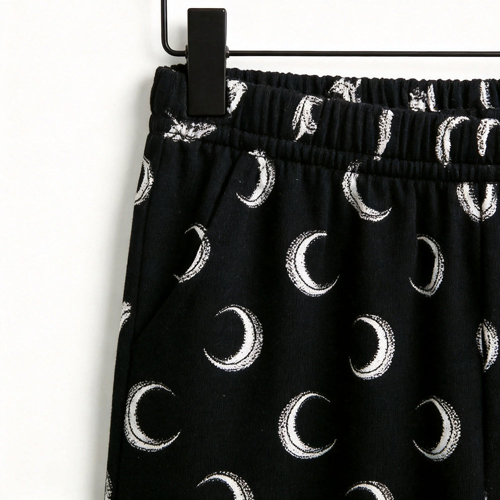 Mystical Halloween White Crescent Moon Print Matching Family Pajama Set, Long Sleeve Henley Cotton Loungewear