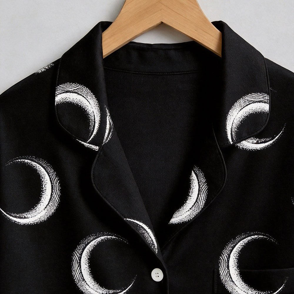 Mystical Halloween Crescent Moon Print Matching Family Pajama Set, Button-Down Cotton Loungewear