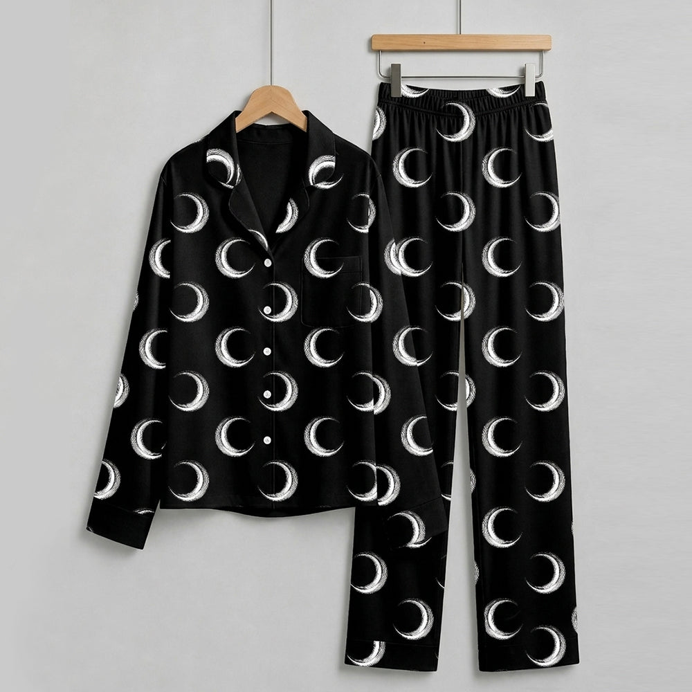 Mystical Halloween Crescent Moon Print Matching Family Pajama Set, Button-Down Cotton Loungewear