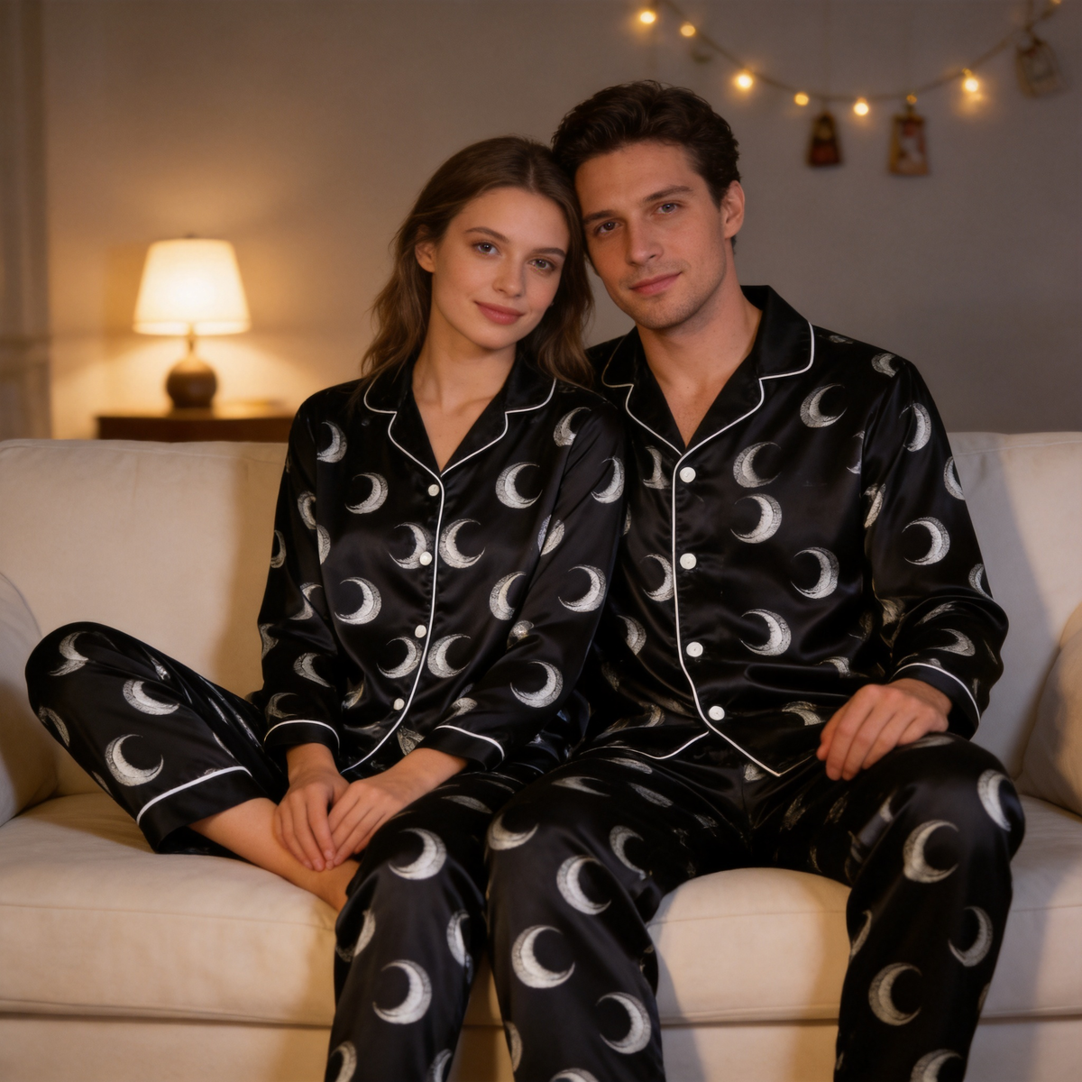 Crescent Moon Print Satin Matching Pajamas for Couples – Long Sleeve Button-Down Top & Pants Sleepwear Set