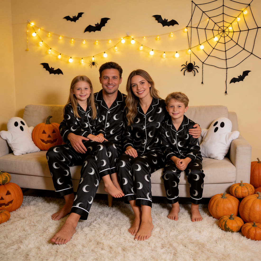 Black Moon Print Satin Button-Up Family Halloween Pajamas Set