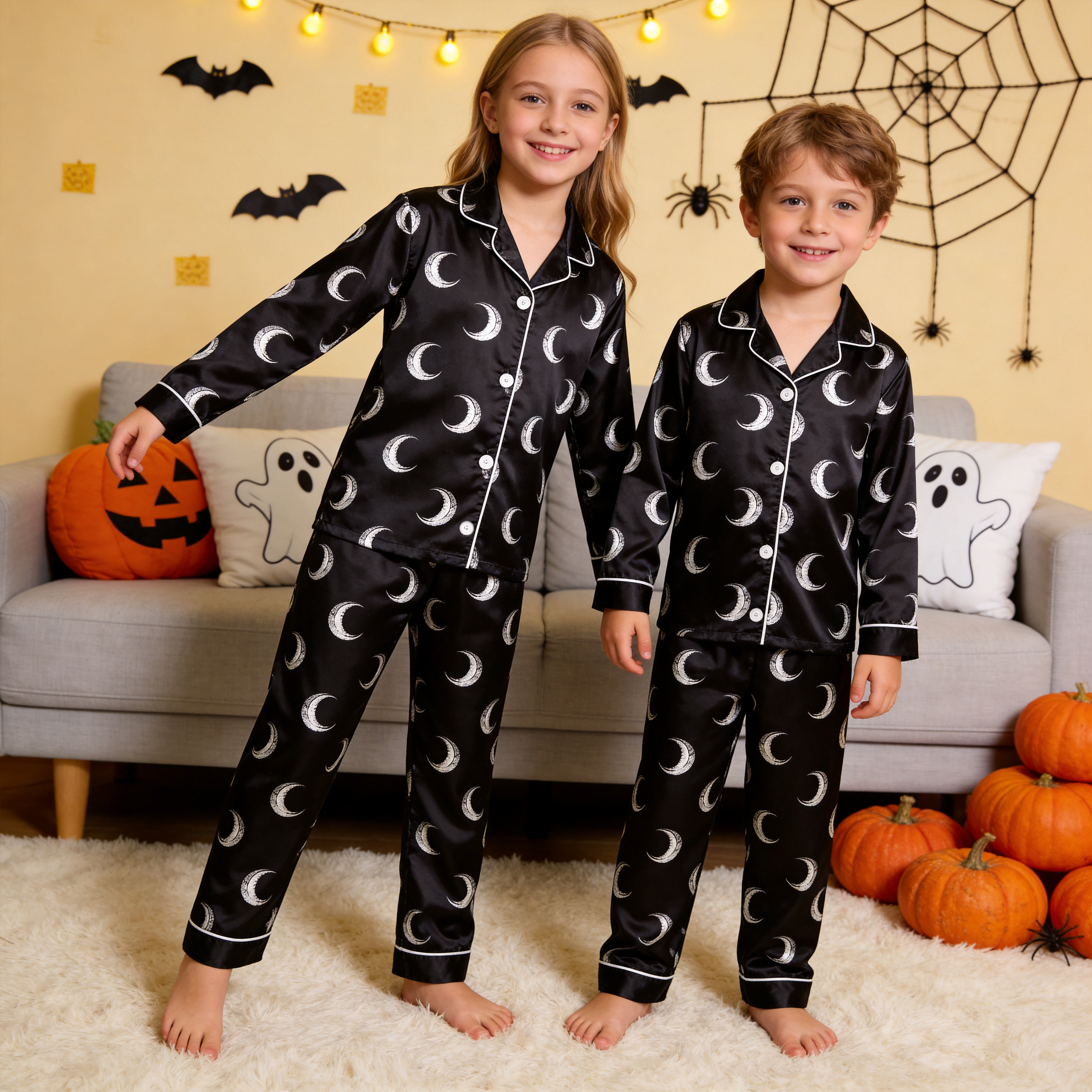 Black Moon Print Satin Button-Up Family Halloween Pajamas Set