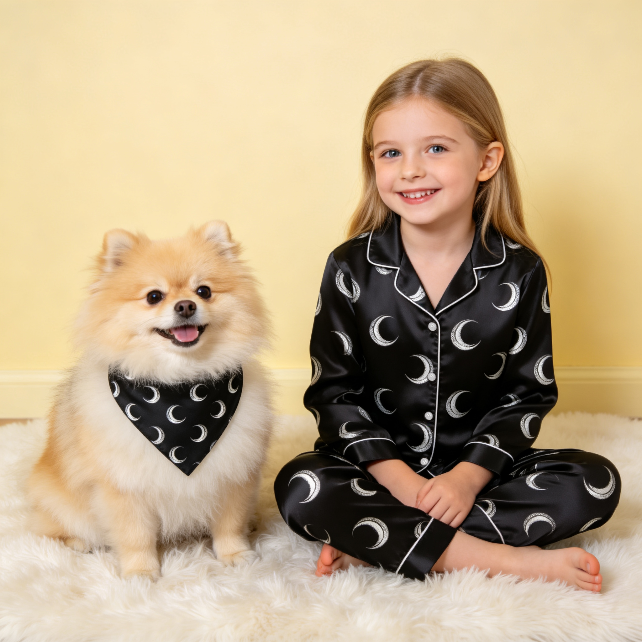Black Moon Print Satin Button-Up Family Halloween Pajamas Set