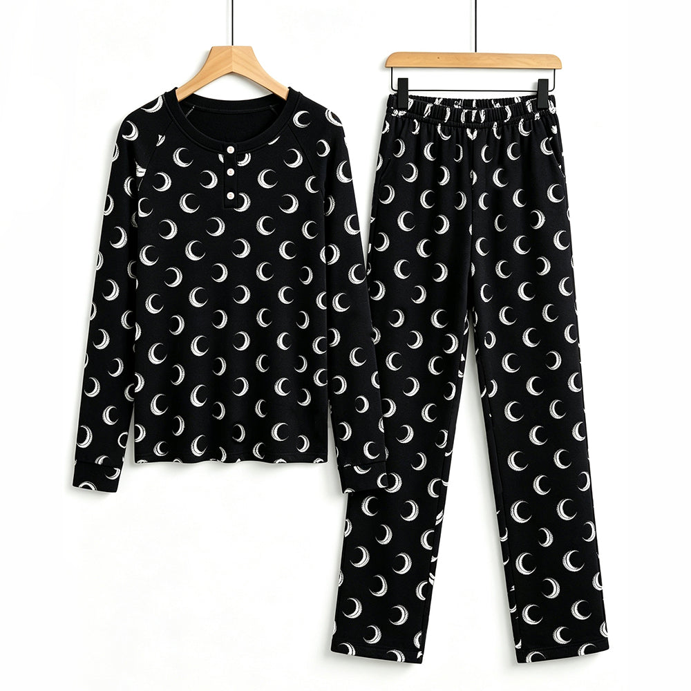 Mystical Halloween White Crescent Moon Print Matching Family Pajama Set, Long Sleeve Henley Cotton Loungewear