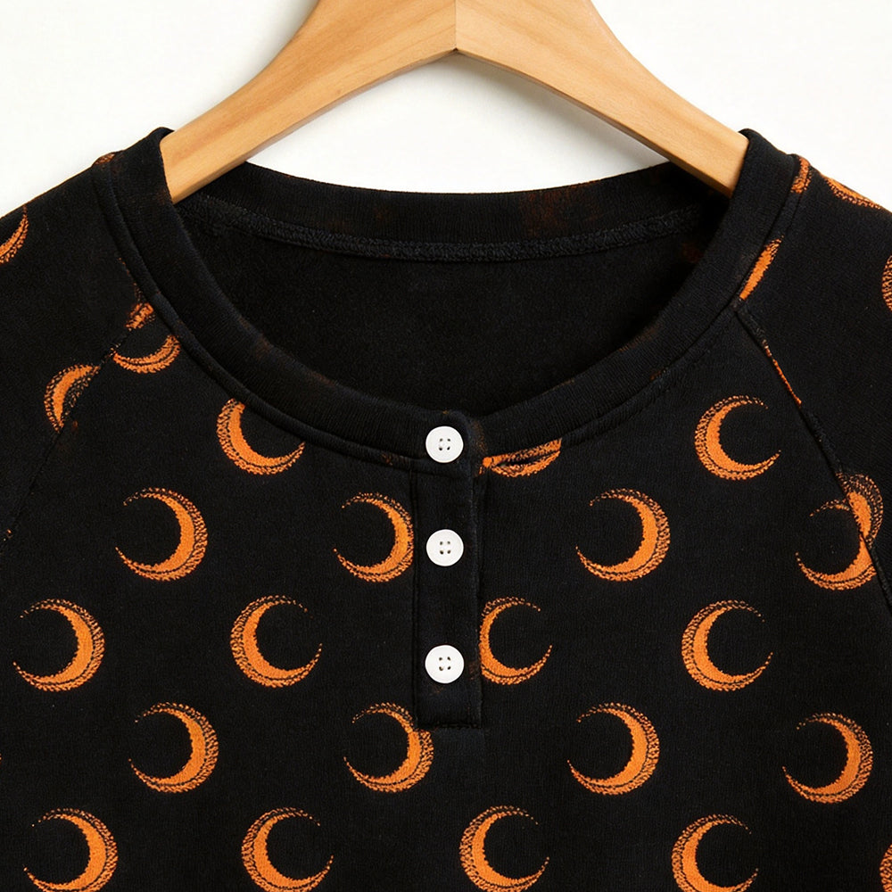 Spooky Halloween Orange Crescent Moon Print Matching Family Pajama Set, Long Sleeve Henley Cotton Loungewear
