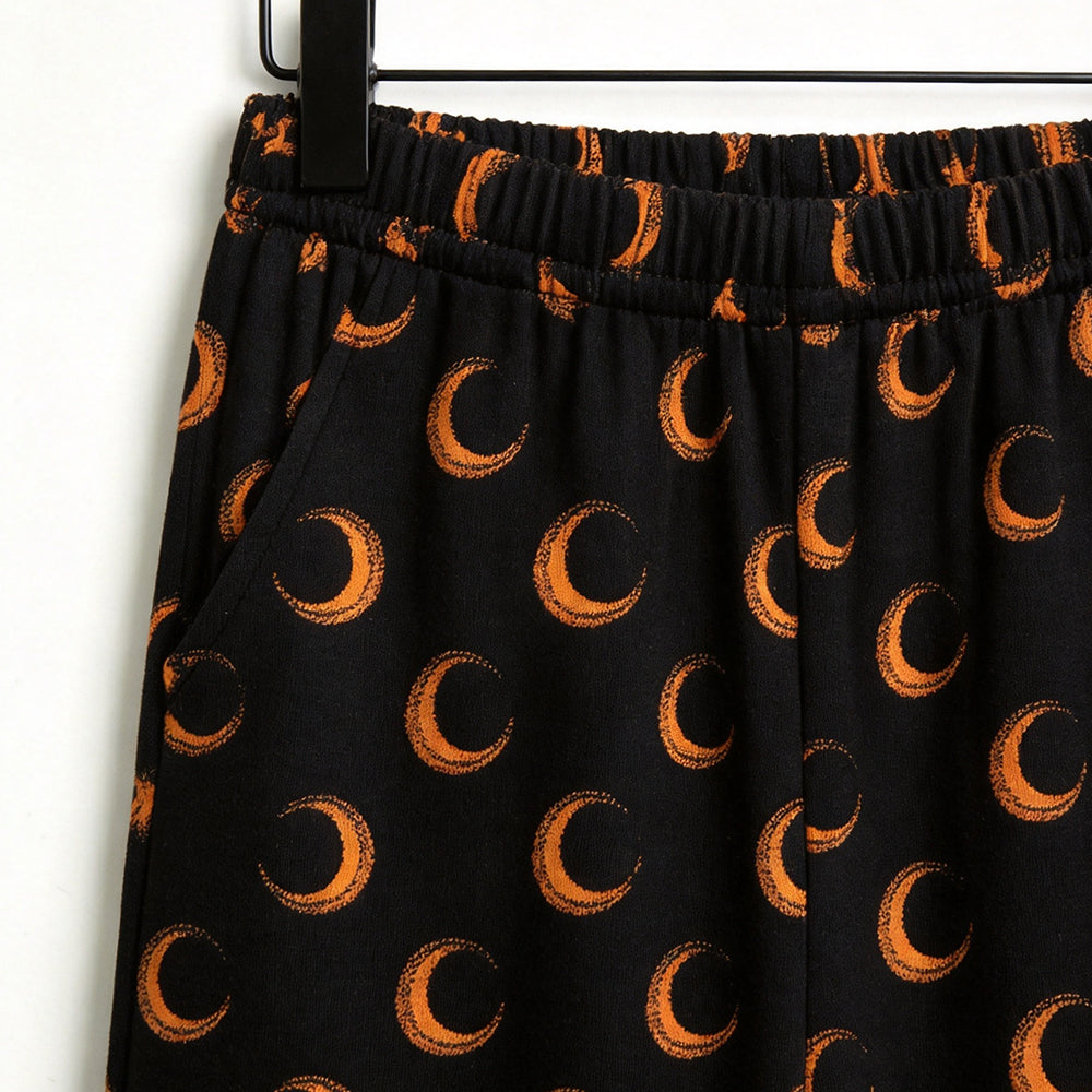 Spooky Halloween Orange Crescent Moon Print Matching Family Pajama Set, Long Sleeve Henley Cotton Loungewear