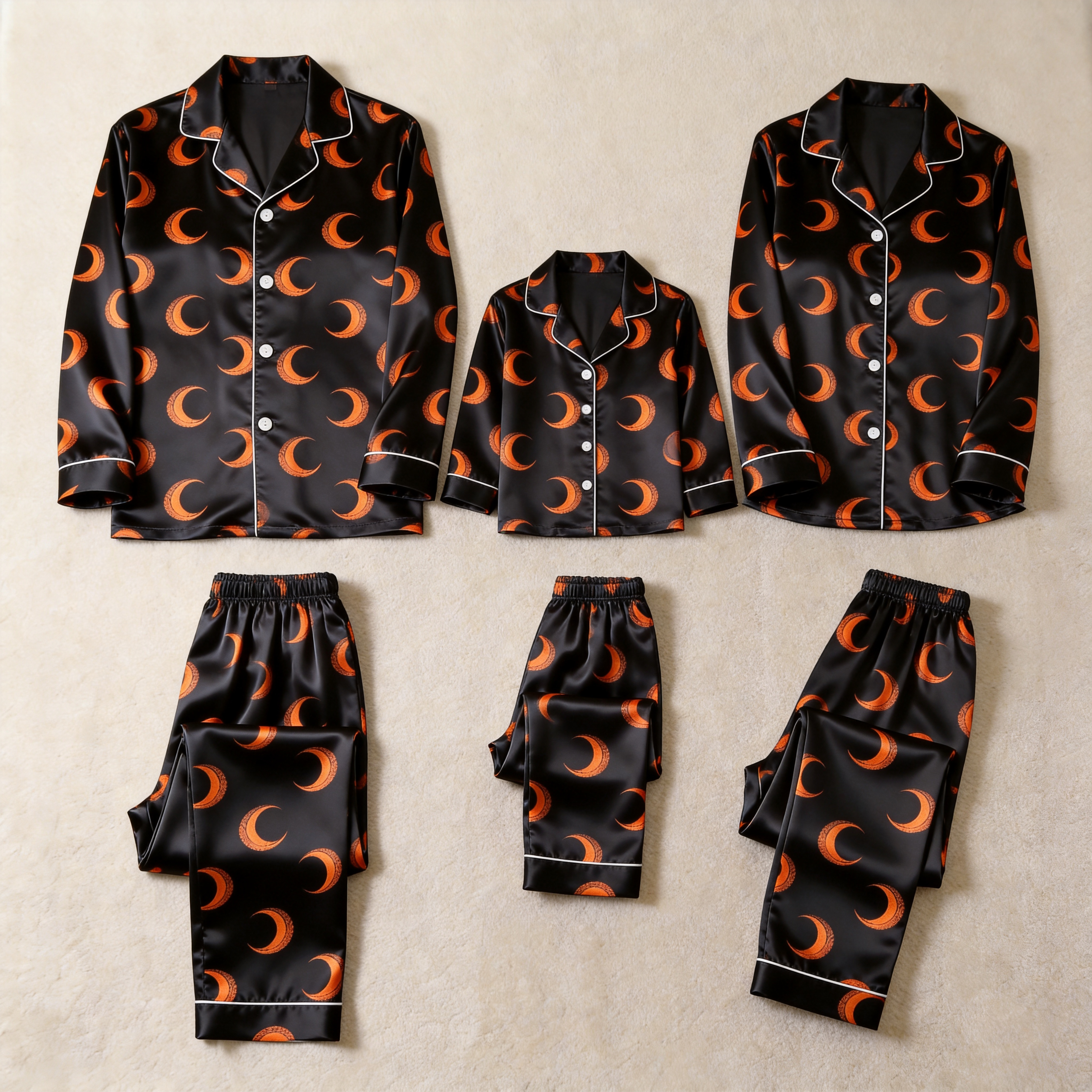 Black Moon Print Satin Button-Up Family Halloween Pajamas Set
