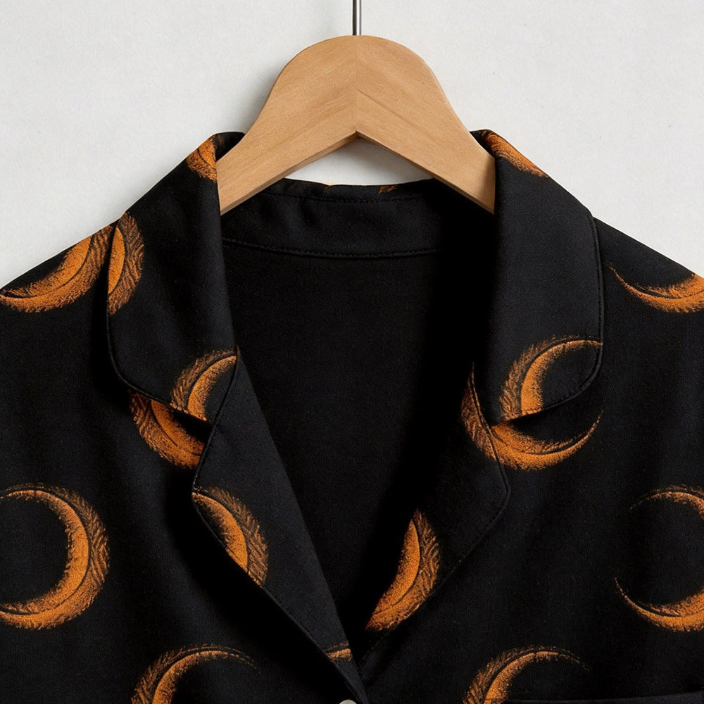 Mystic Halloween Orange Crescent Moon Print Matching Family Pajama Set, Button-Down Cotton Loungewear