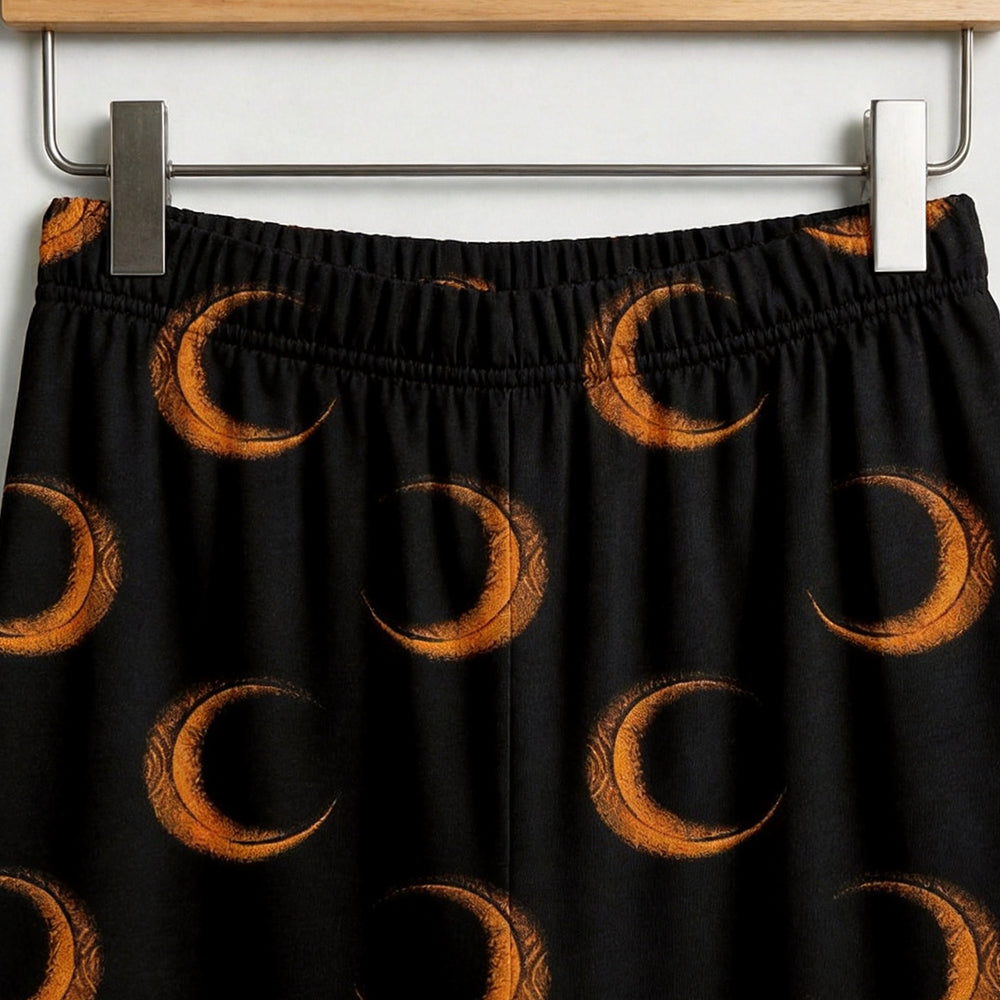 Mystic Halloween Orange Crescent Moon Print Matching Family Pajama Set, Button-Down Cotton Loungewear
