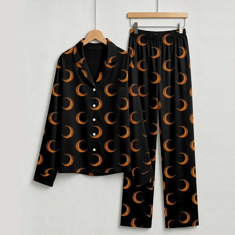 Mystic Halloween Orange Crescent Moon Print Matching Family Pajama Set, Button-Down Cotton Loungewear