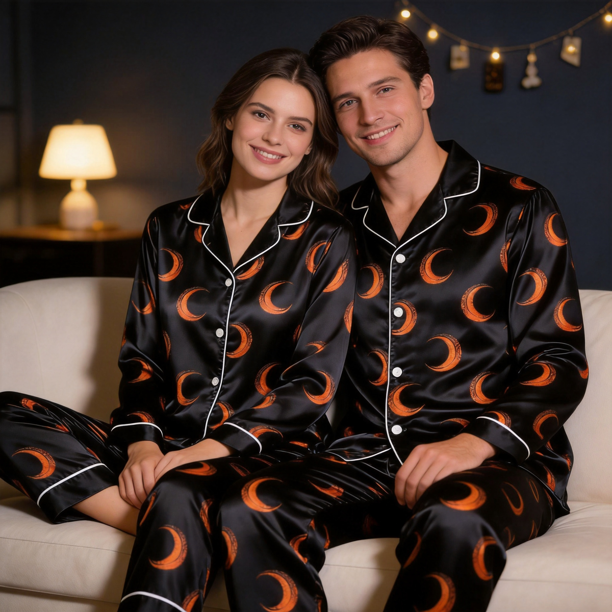 Crescent Moon Print Satin Matching Pajamas for Couples – Long Sleeve Button-Down Top & Pants Sleepwear Set