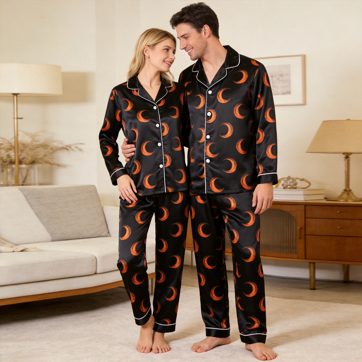 Crescent Moon Print Satin Matching Pajamas for Couples – Long Sleeve Button-Down Top & Pants Sleepwear Set