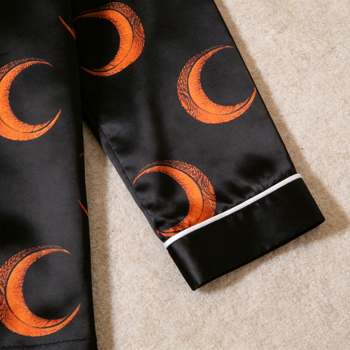 Crescent Moon Print Satin Matching Pajamas for Couples – Long Sleeve Button-Down Top & Pants Sleepwear Set