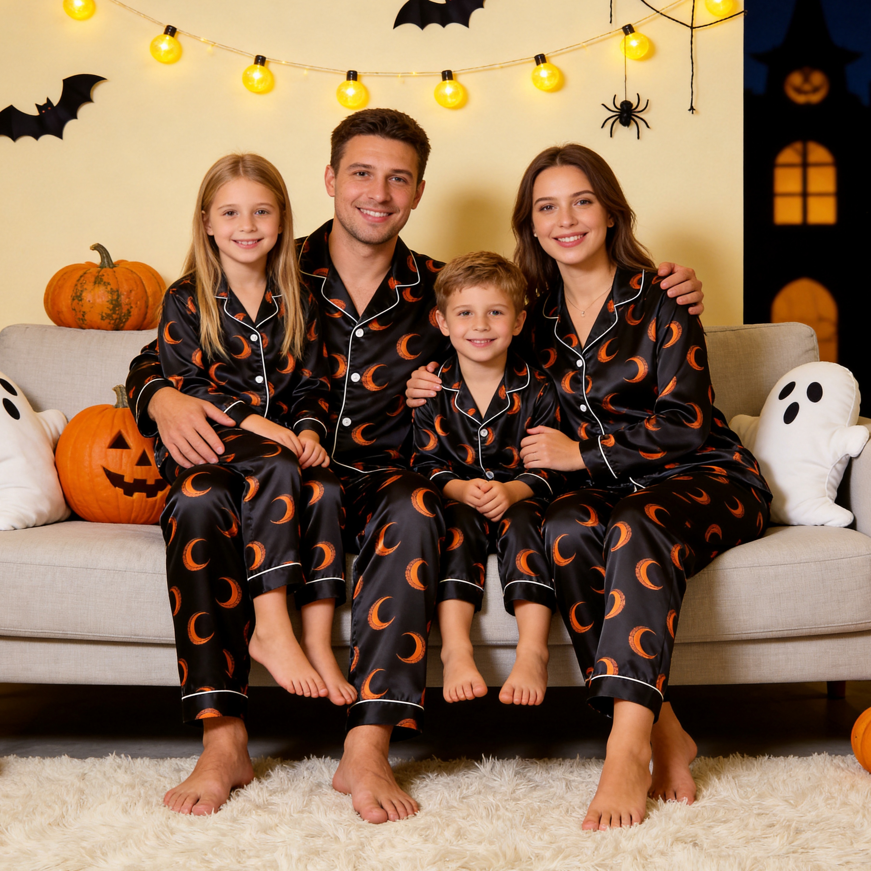 Black Moon Print Satin Button-Up Family Halloween Pajamas Set