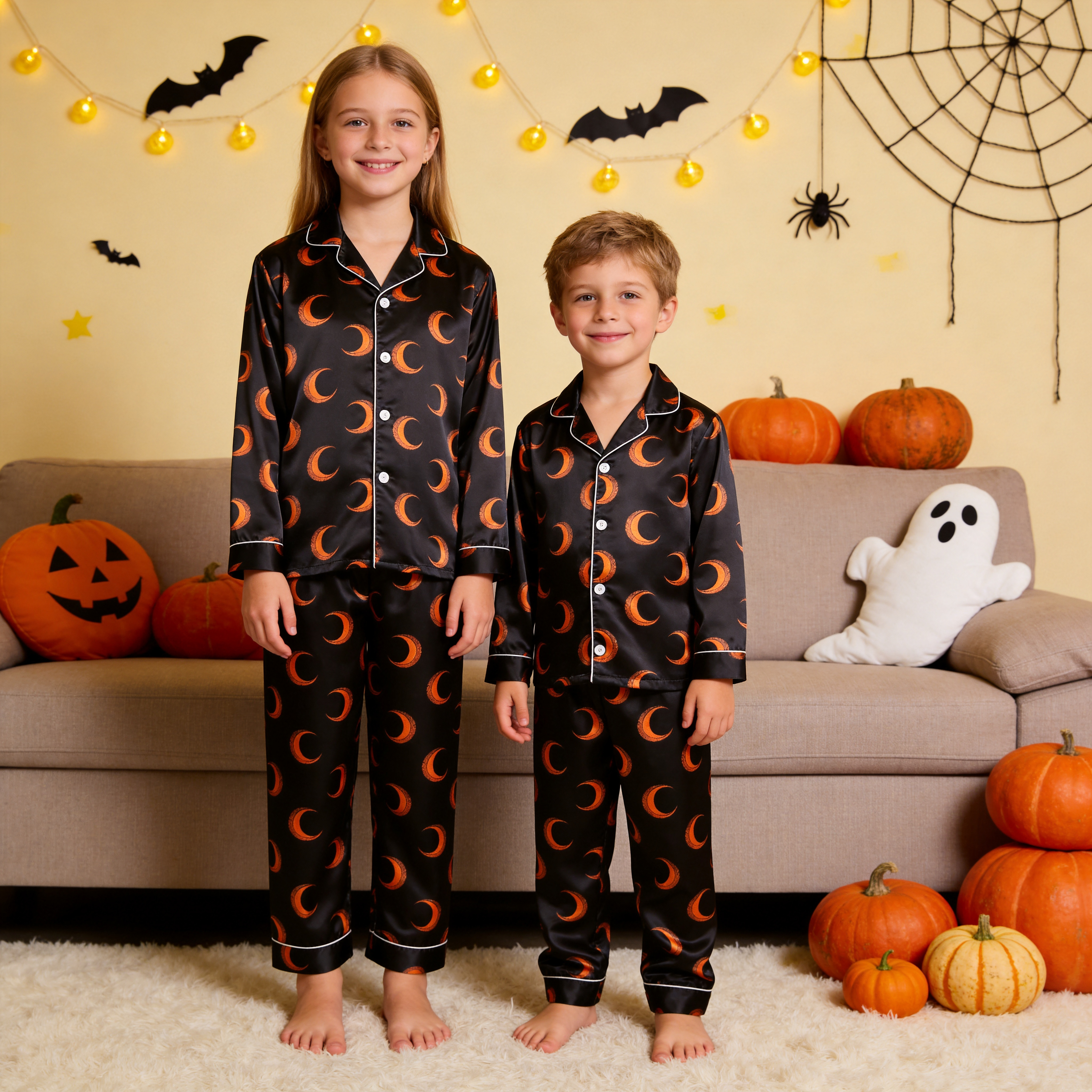 Black Moon Print Satin Button-Up Family Halloween Pajamas Set