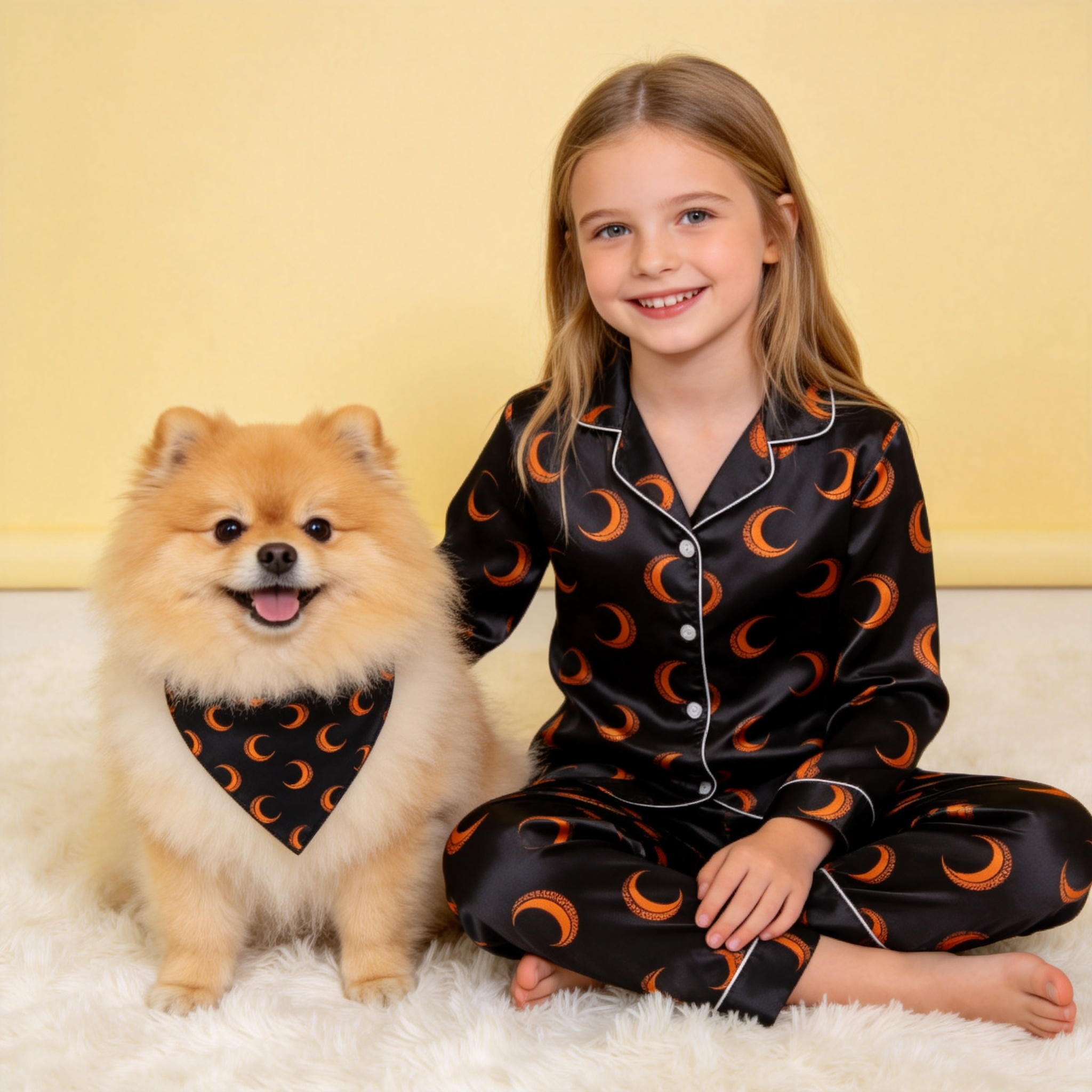 Black Moon Print Satin Button-Up Family Halloween Pajamas Set