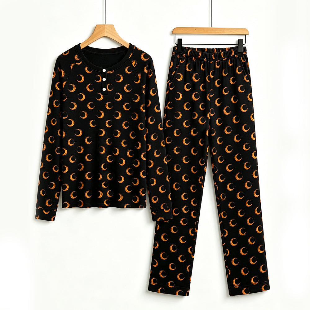 Spooky Halloween Orange Crescent Moon Print Matching Family Pajama Set, Long Sleeve Henley Cotton Loungewear