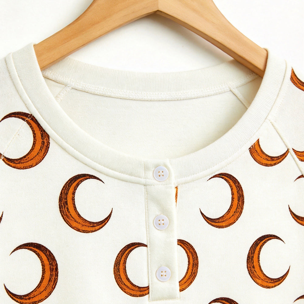 Whimsical Halloween Crescent Moon Print Matching Family Pajama Set, Long Sleeve Henley Cotton Loungewear