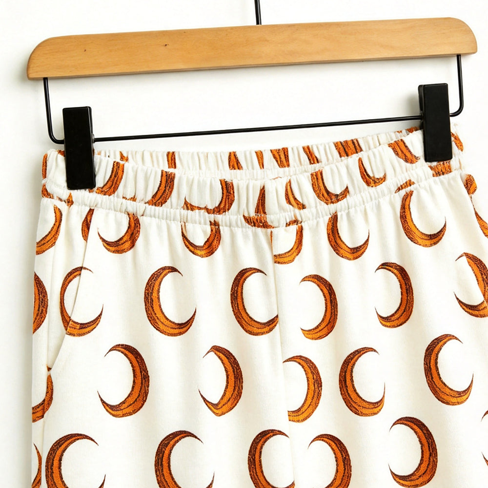 Whimsical Halloween Crescent Moon Print Matching Family Pajama Set, Long Sleeve Henley Cotton Loungewear