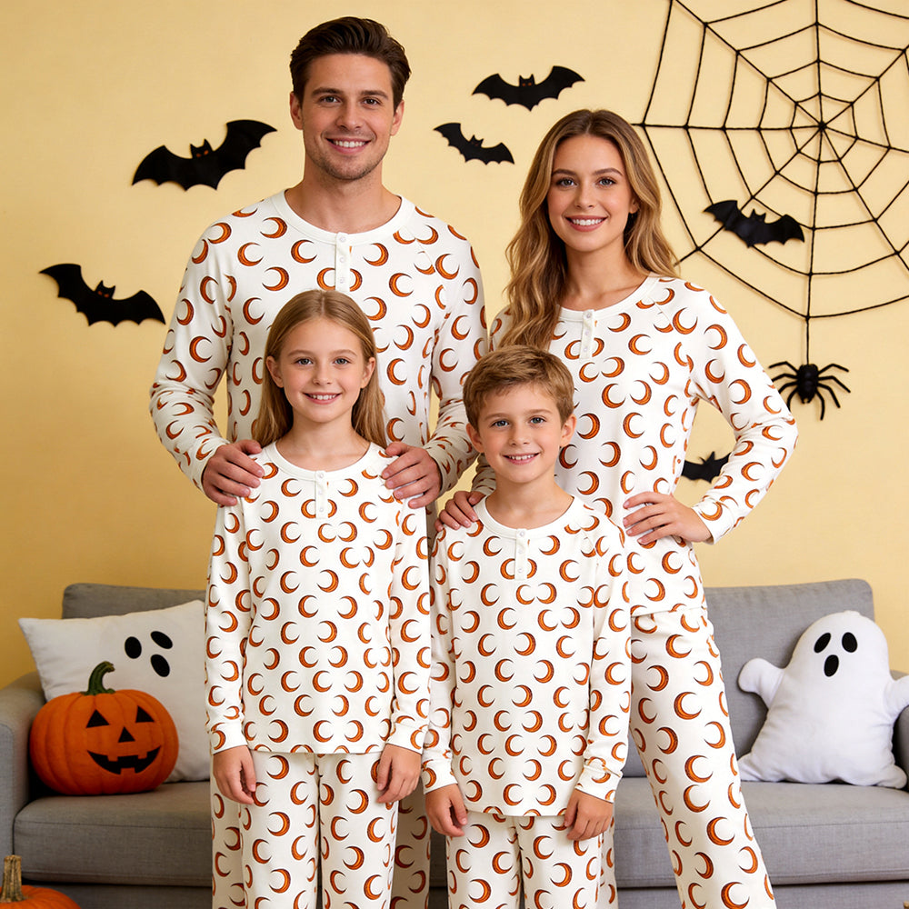 Whimsical Halloween Crescent Moon Print Matching Family Pajama Set, Long Sleeve Henley Cotton Loungewear