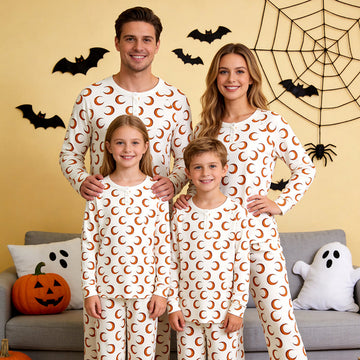 Whimsical Halloween Crescent Moon Print Matching Family Pajama Set, Long Sleeve Henley Cotton Loungewear