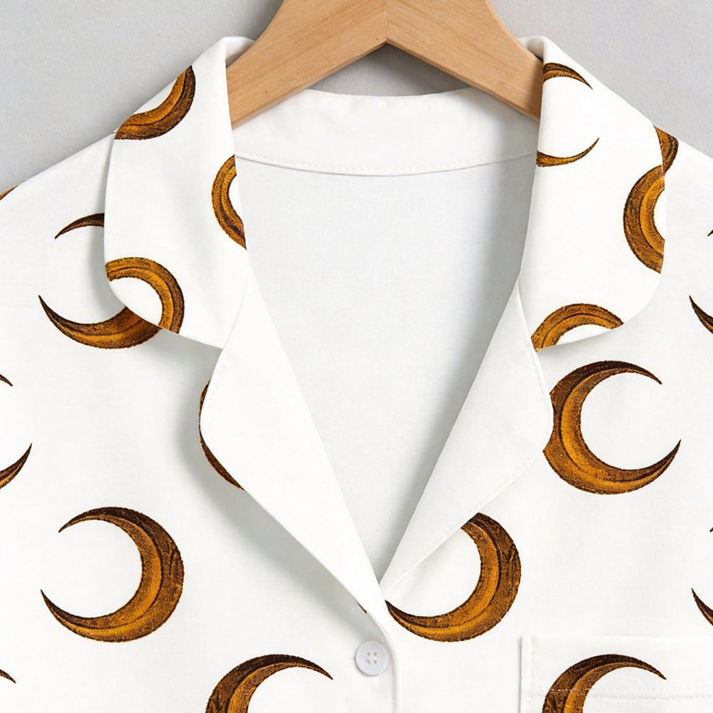 Enchanting Halloween Golden Crescent Moon Print Matching Family Pajama Set, Button-Down Cotton Loungewear