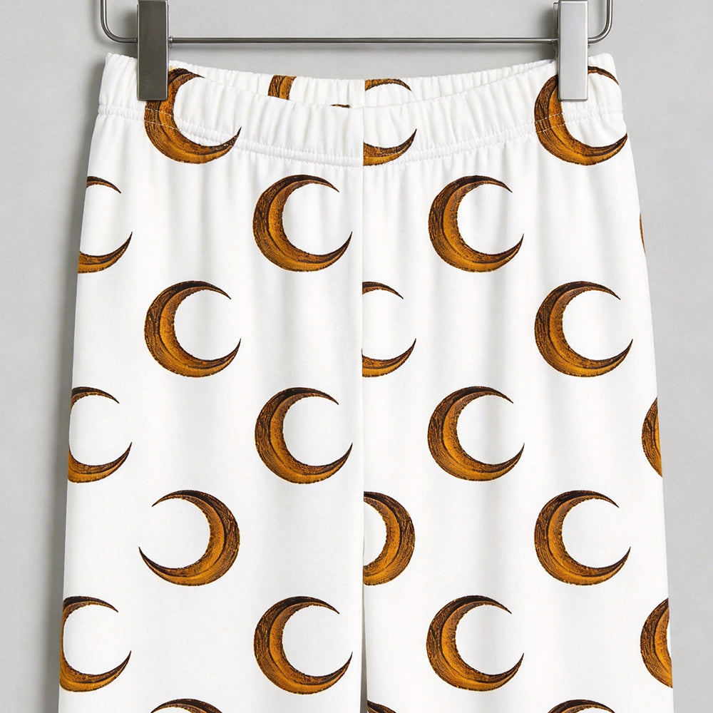 Enchanting Halloween Golden Crescent Moon Print Matching Family Pajama Set, Button-Down Cotton Loungewear