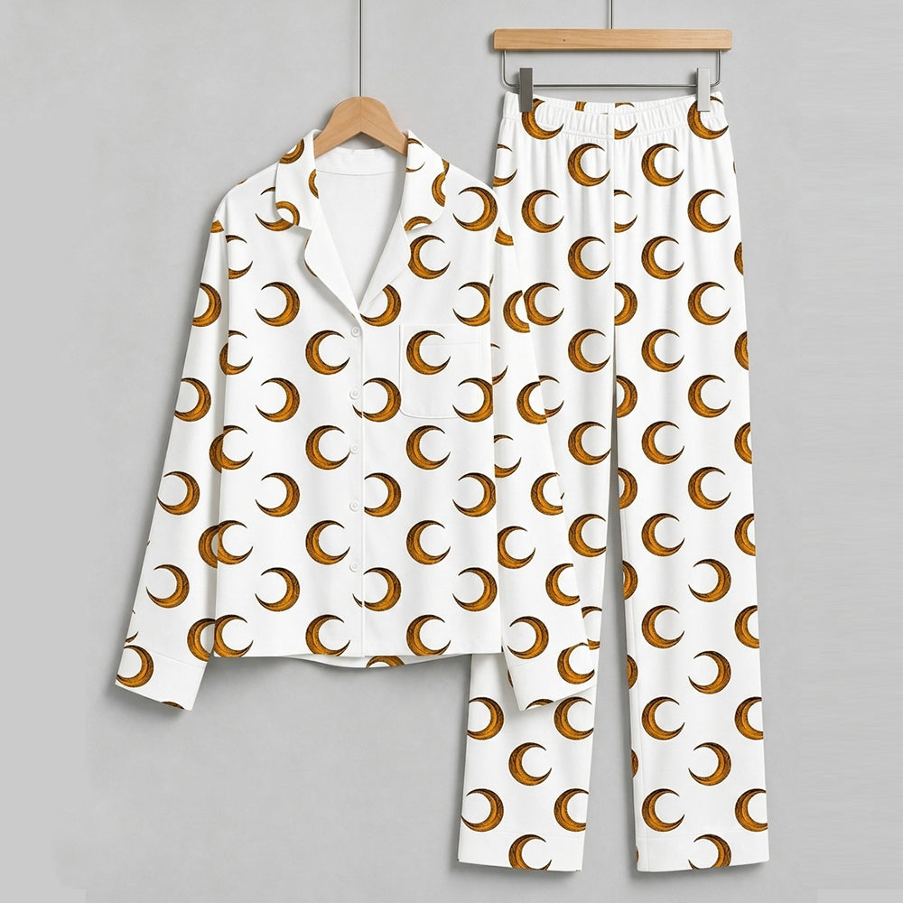 Enchanting Halloween Golden Crescent Moon Print Matching Family Pajama Set, Button-Down Cotton Loungewear