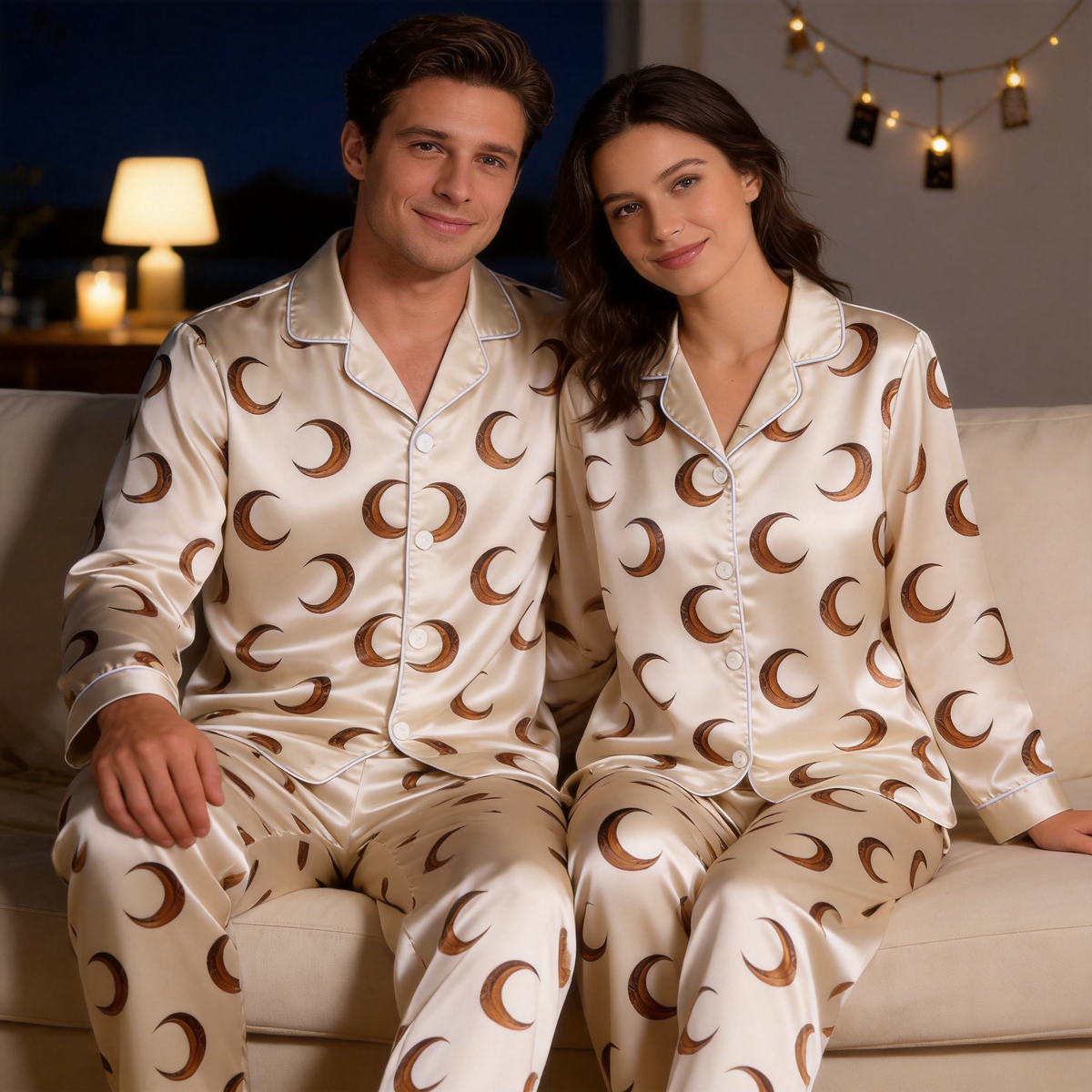 Crescent Moon Print Satin Matching Pajamas for Couples – Long Sleeve Button-Down Top & Pants Sleepwear Set