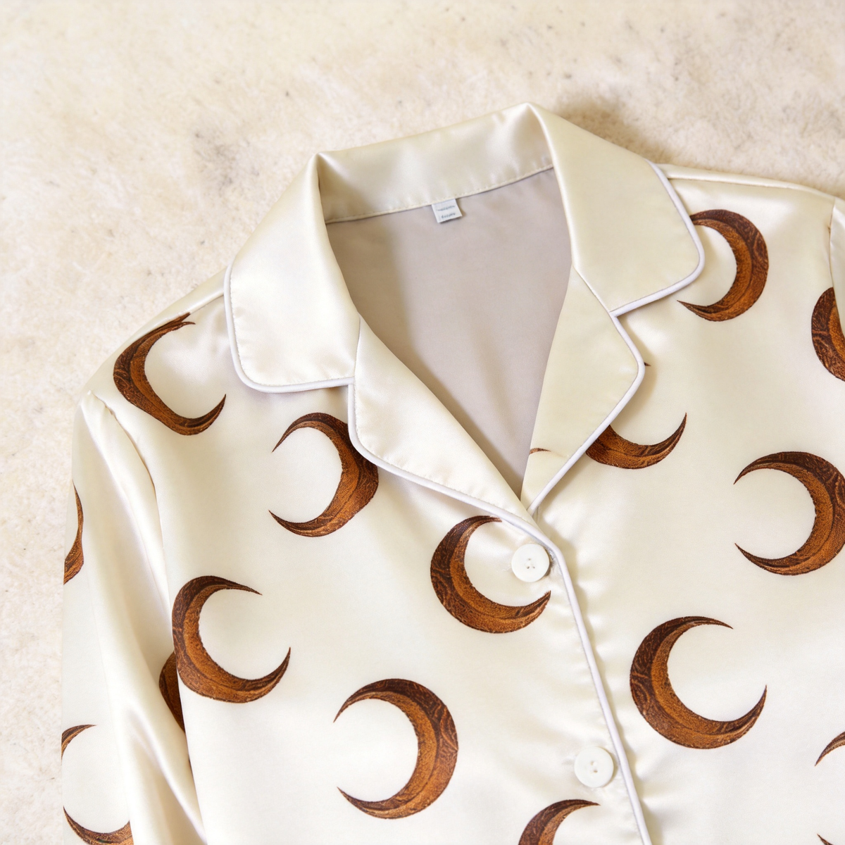 Crescent Moon Print Satin Matching Pajamas for Couples – Long Sleeve Button-Down Top & Pants Sleepwear Set