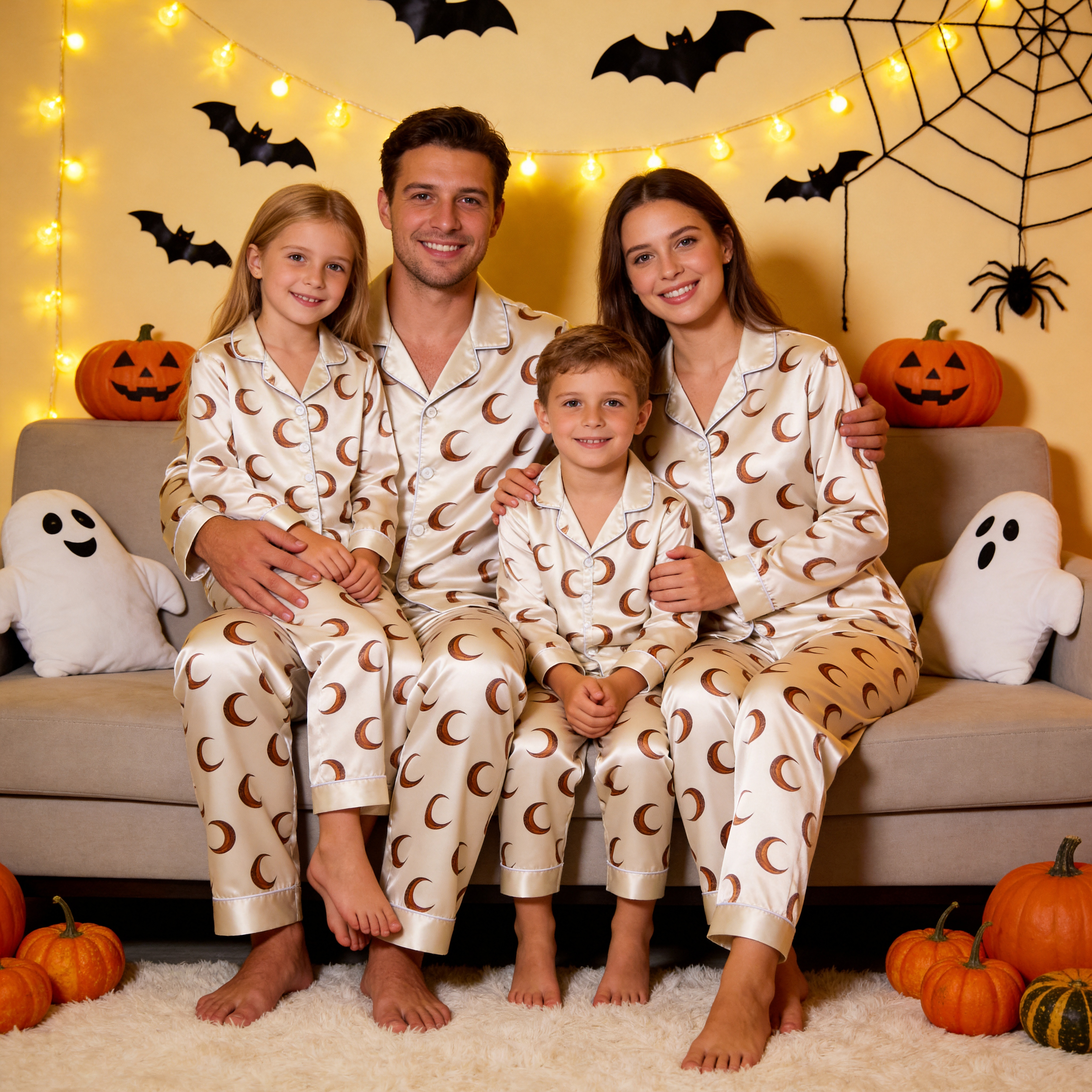 Black Moon Print Satin Button-Up Family Halloween Pajamas Set