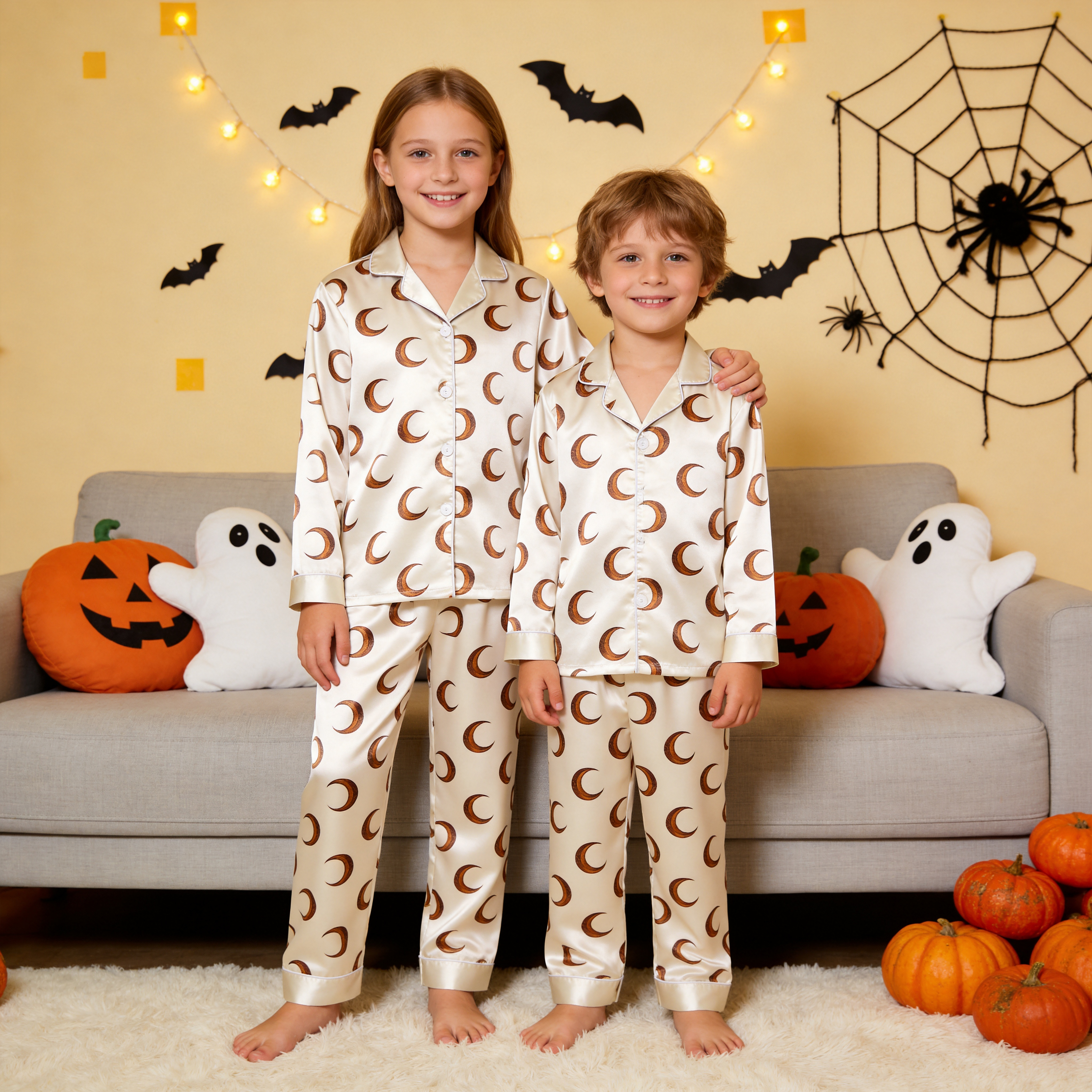 Black Moon Print Satin Button-Up Family Halloween Pajamas Set