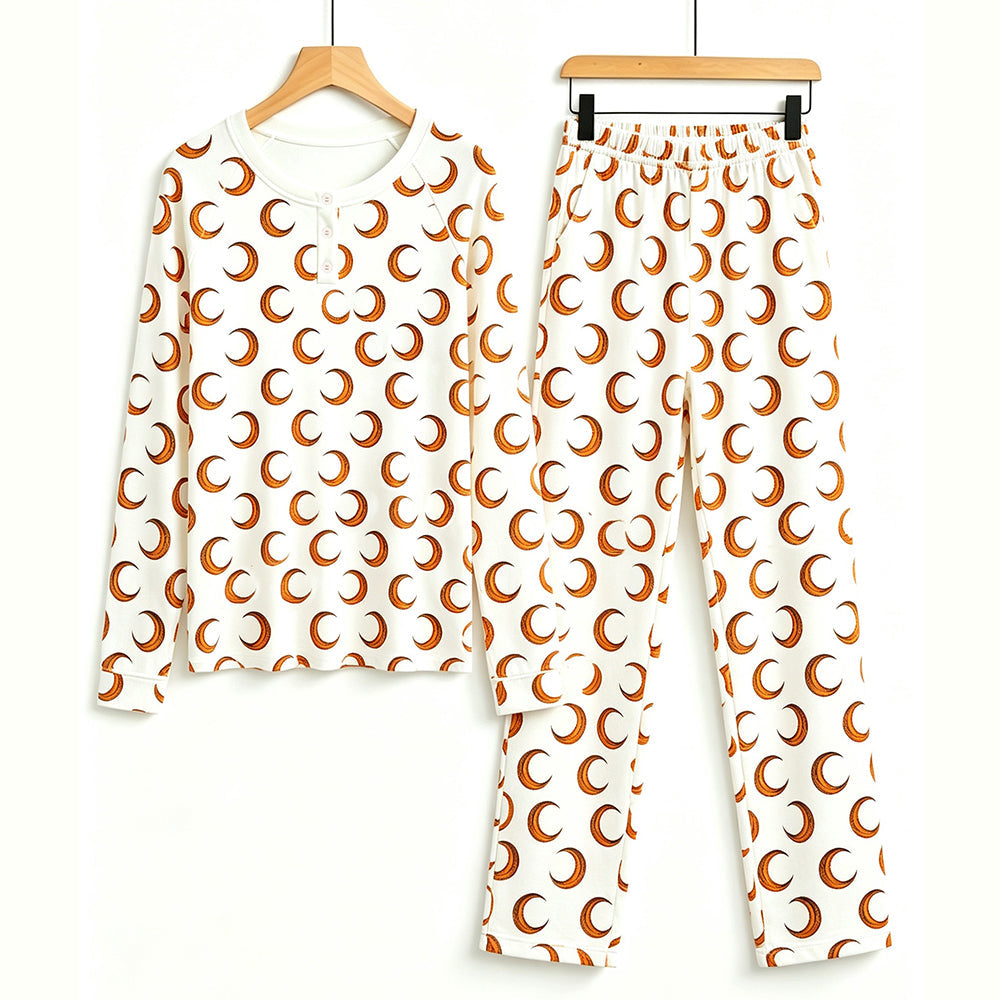 Whimsical Halloween Crescent Moon Print Matching Family Pajama Set, Long Sleeve Henley Cotton Loungewear