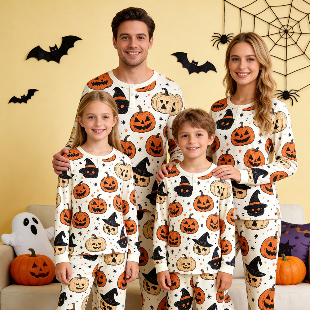 Playful Halloween Jack-O'-Lantern & Witch Hat Print Matching Family Pajama Set, Long Sleeve Henley Cotton Loungewear